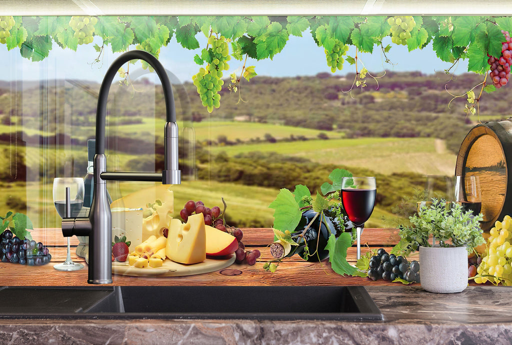 Rustic Vineyard Glass Kitchen Backsplash – Vineyard Wine & Cheese-BacksplashArtworks