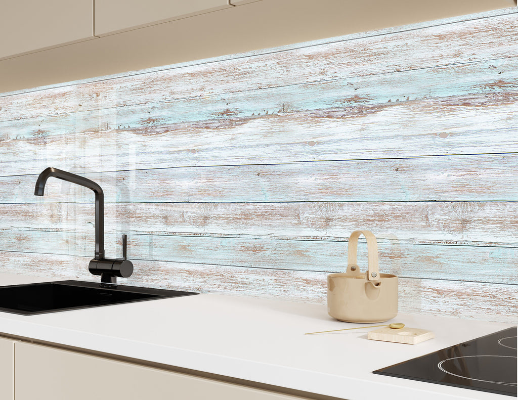 Coastal Blue Weathered Wood - Tempered Glass Kitchen Backsplash-BacksplashArtworks