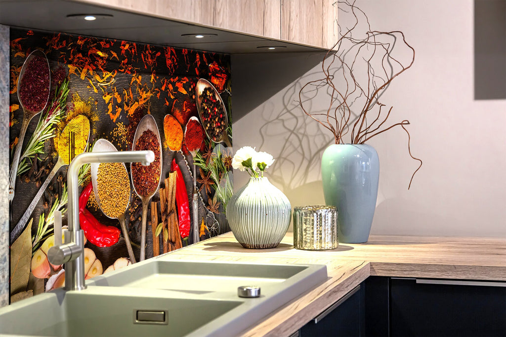 Exotic Herbs Symphony - Glass Kitchen Backsplash-BacksplashArtworks