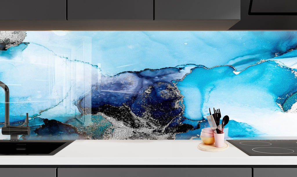 Tranquil Blue Waves - Glass Bathroom Backsplash-BacksplashArtworks