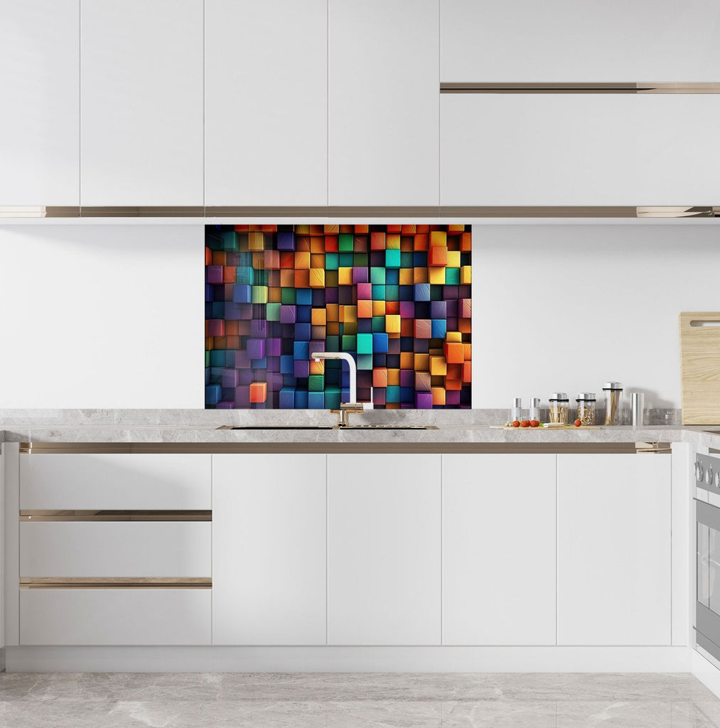 Modern Cubes Tempered Glass Backsplash-BacksplashArtworks
