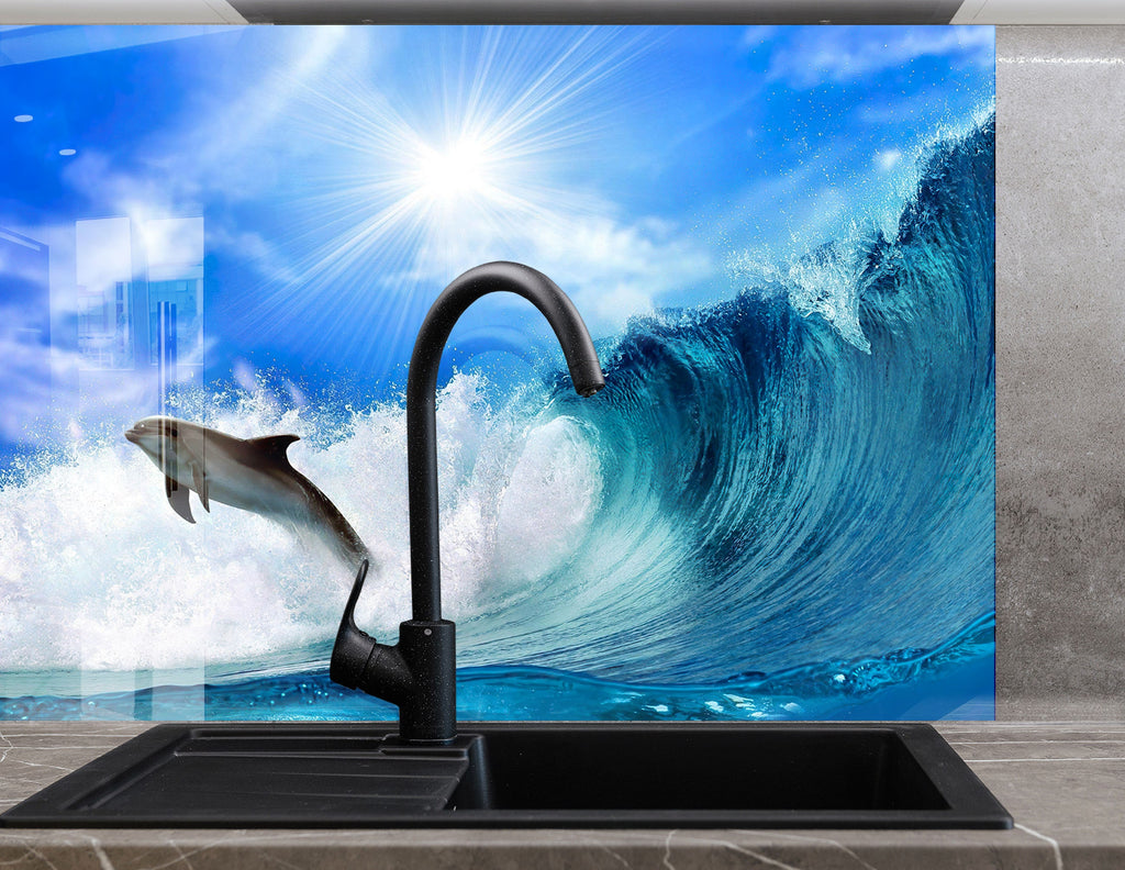 Vibrant Ocean Life Glass Kitchen Backsplash – Dolphin in Ocean Wave-BacksplashArtworks