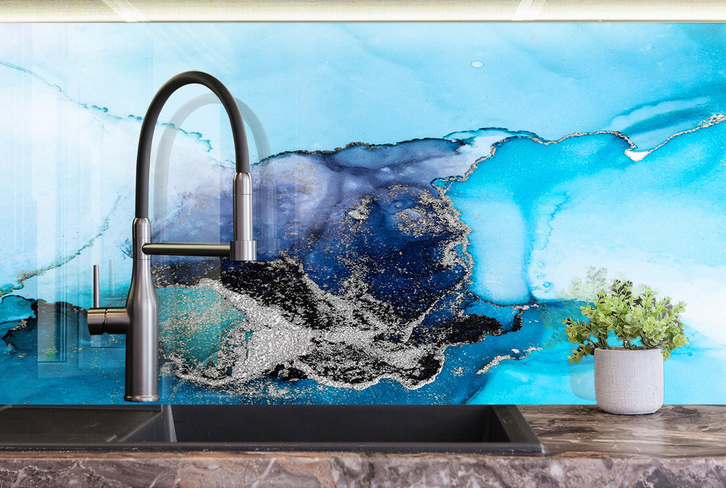 Tranquil Blue Waves - Glass Bathroom Backsplash-BacksplashArtworks