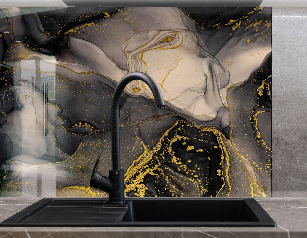Obsidian Gold Marble - Glass Kitchen Backsplash-BacksplashArtworks
