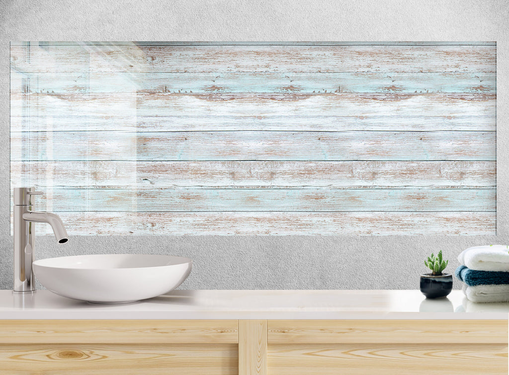 Coastal Blue Weathered Wood - Tempered Glass Kitchen Backsplash-BacksplashArtworks