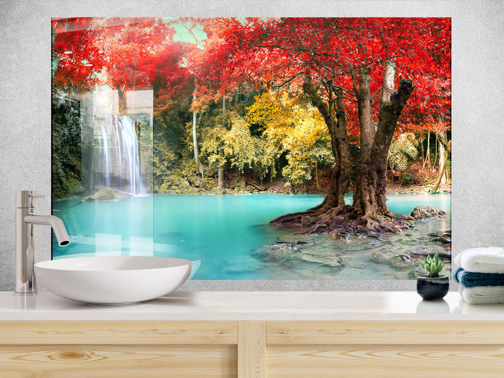 Autumn Waterfall Serenity - Glass Kitchen Backsplash-BacksplashArtworks