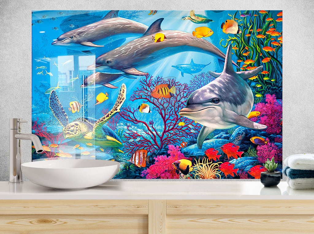 Vibrant Ocean Life Glass Kitchen Backsplash – Dolphins & Coral Reef Design-BacksplashArtworks
