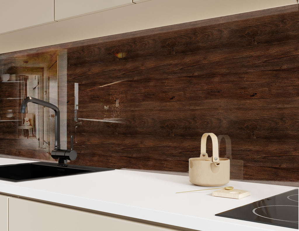 Dark Walnut Wood Design - Tempered Glass Kitchen Backsplash-BacksplashArtworks
