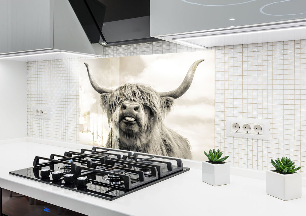 Majestic Highland Cow – Glass Kitchen Backsplash-BacksplashArtworks
