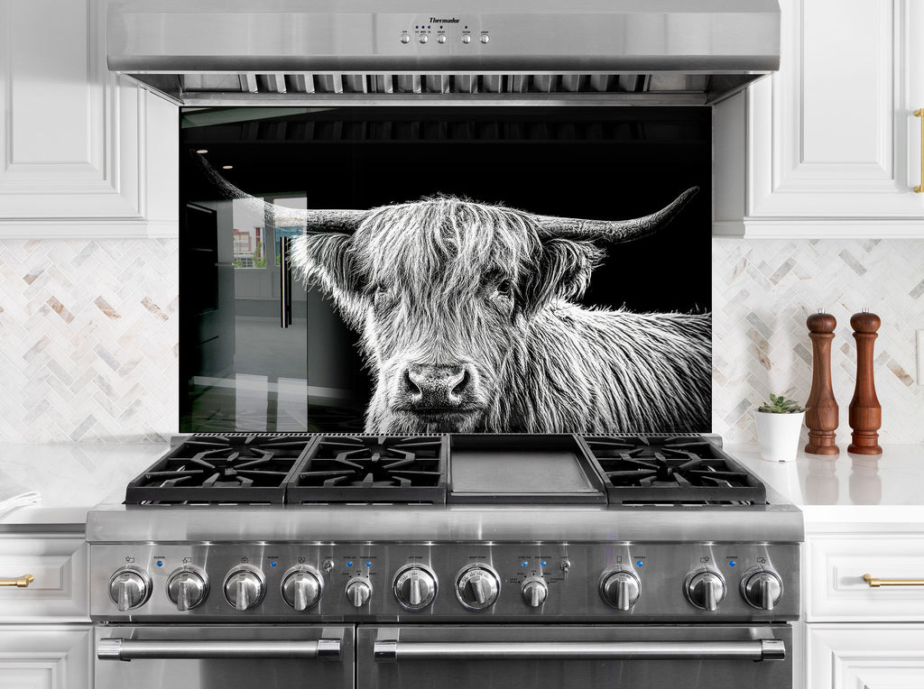 Highland Cow – Rustic Black & White - Glass Kitchen Backsplash-BacksplashArtworks