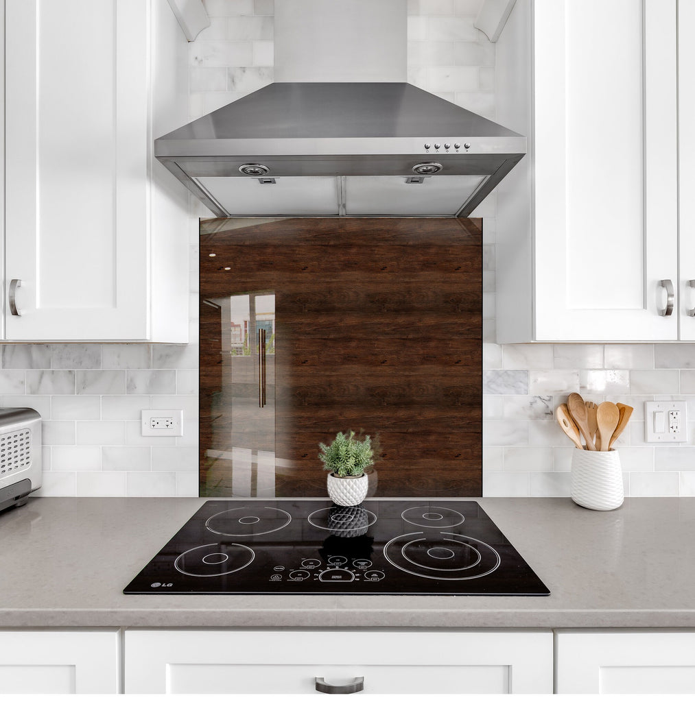 Dark Walnut Wood Design - Tempered Glass Kitchen Backsplash-BacksplashArtworks