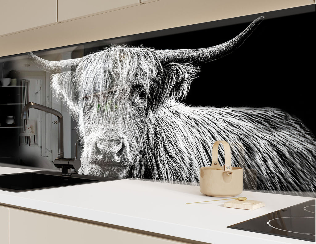 Highland Cow – Rustic Black & White - Glass Kitchen Backsplash-BacksplashArtworks