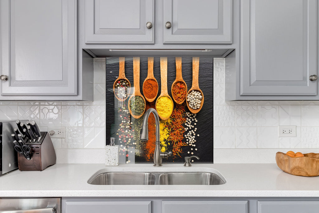 Golden Spice Harmony - Glass Kitchen Backsplash-BacksplashArtworks