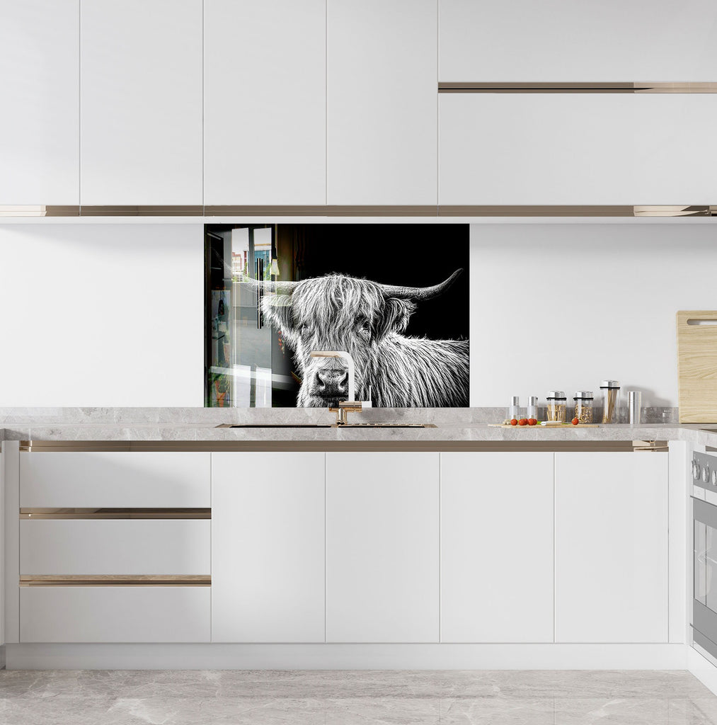 Highland Cow – Rustic Black & White - Glass Kitchen Backsplash-BacksplashArtworks
