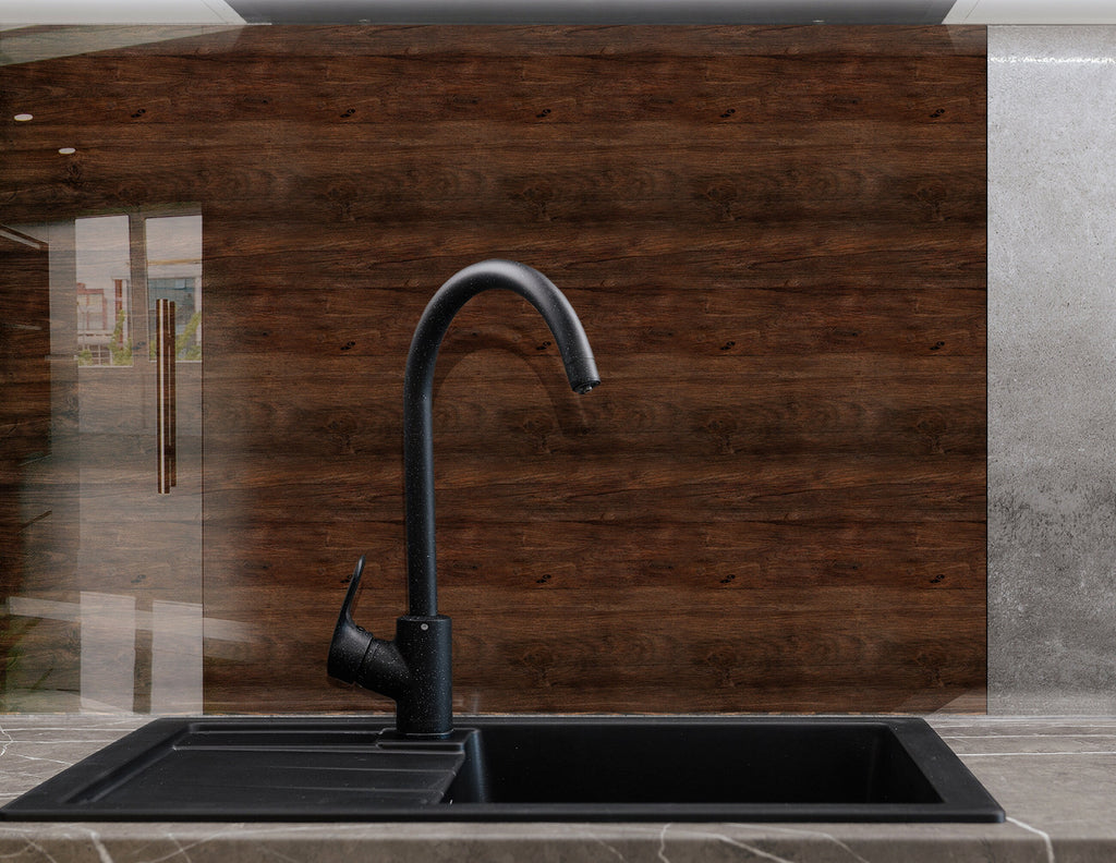 Dark Walnut Wood Design - Tempered Glass Kitchen Backsplash-BacksplashArtworks