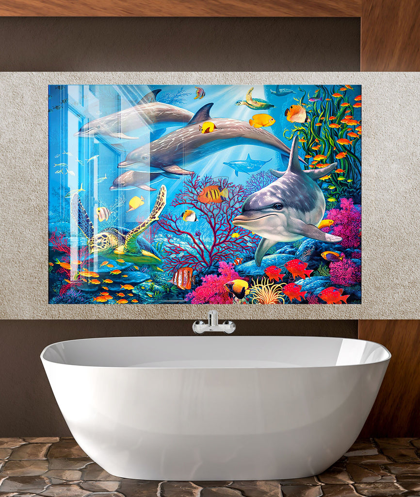 Vibrant Ocean Life Glass Kitchen Backsplash – Dolphins & Coral Reef Design-BacksplashArtworks