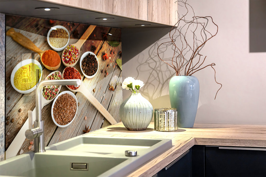 Wooden Spice Board - Glass Kitchen Backsplash-BacksplashArtworks