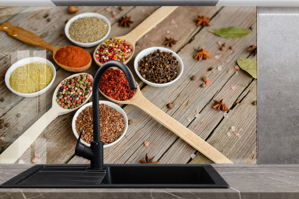 Wooden Spice Board - Glass Kitchen Backsplash-BacksplashArtworks