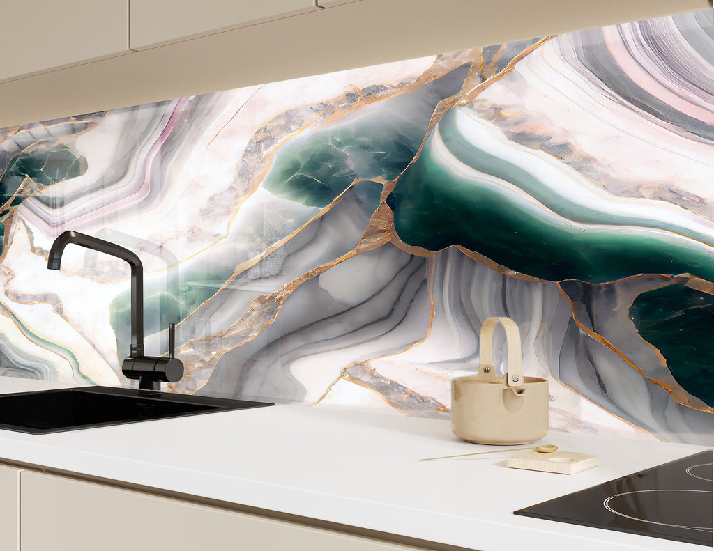 Emerald Veined Marble - Glass Kitchen Backsplash-BacksplashArtworks