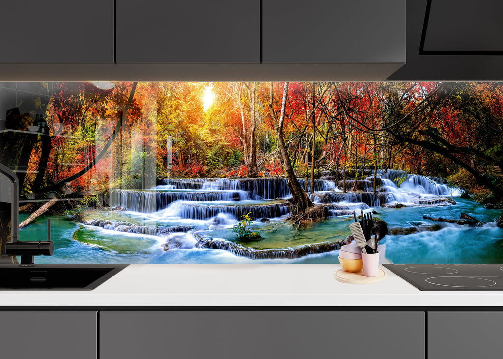 Enchanting Autumn Waterfall – Glass Kitchen Backsplash-BacksplashArtworks