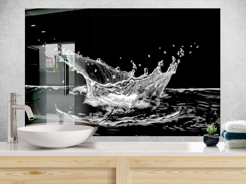 Black & White Water Splash - Glass Kitchen Backsplash-BacksplashArtworks