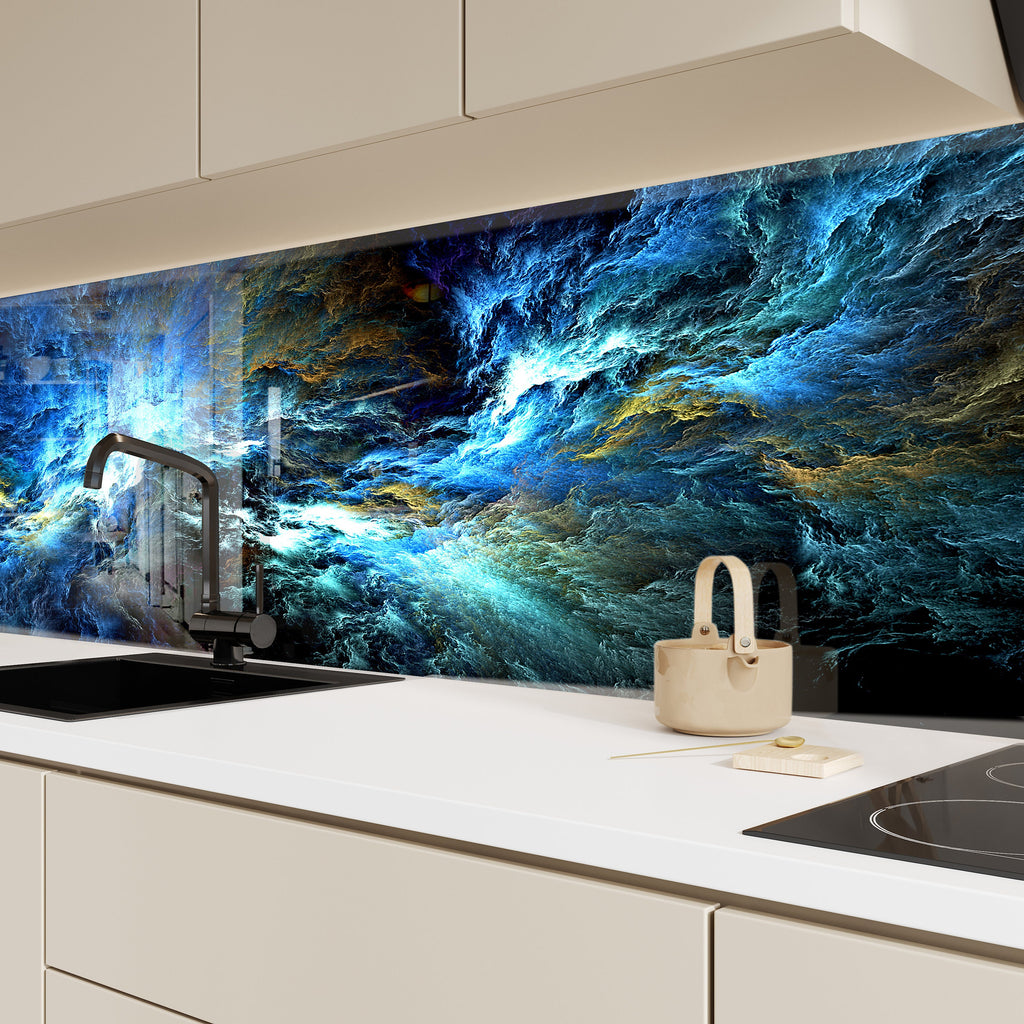 Celestial Ocean Mystical Blue - Glass Kitchen Backsplash-BacksplashArtworks