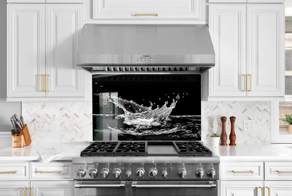 Black & White Water Splash - Glass Kitchen Backsplash-BacksplashArtworks