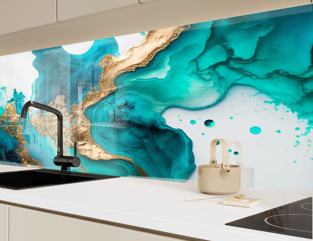 Turquoise & Gold Fluid Art - Glass Kitchen Backsplash-BacksplashArtworks