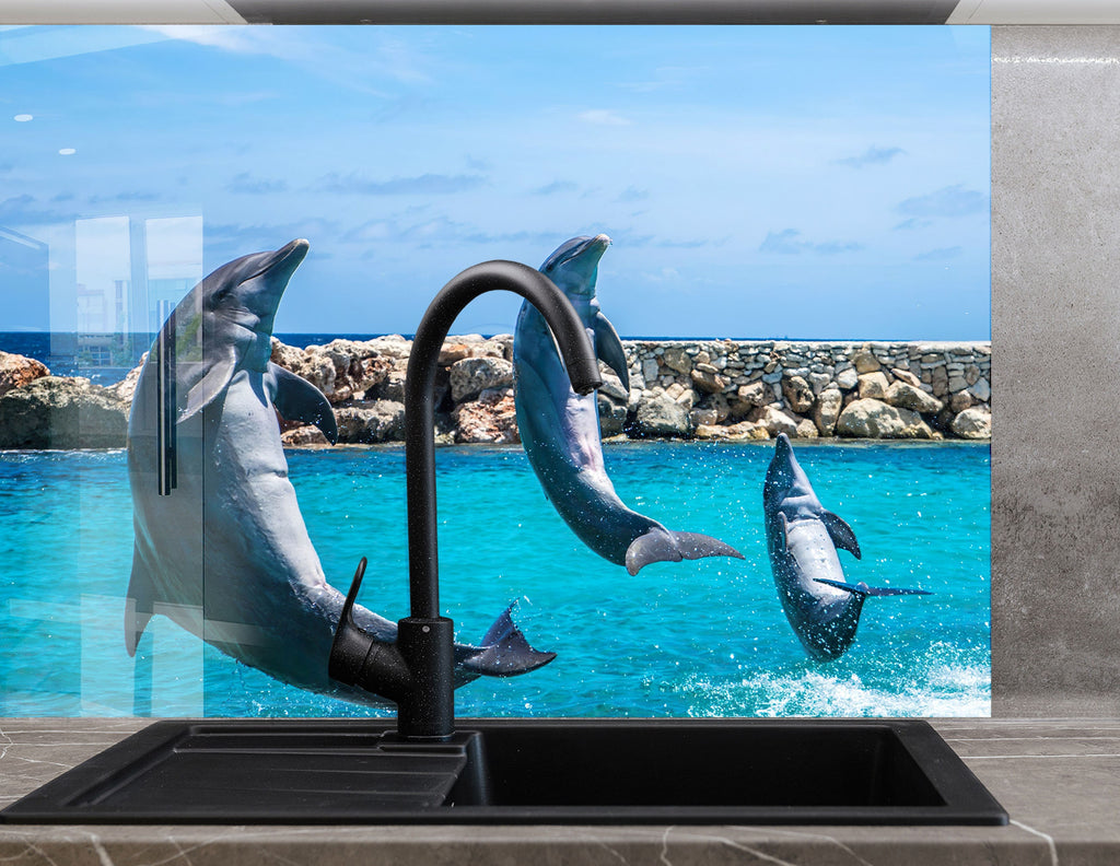 Jumping Dolphins – Glass Kitchen Backsplash-BacksplashArtworks