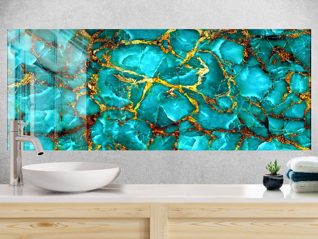 Turquoise & Gold Geode Design - Glass Bathroom Backsplash-BacksplashArtworks