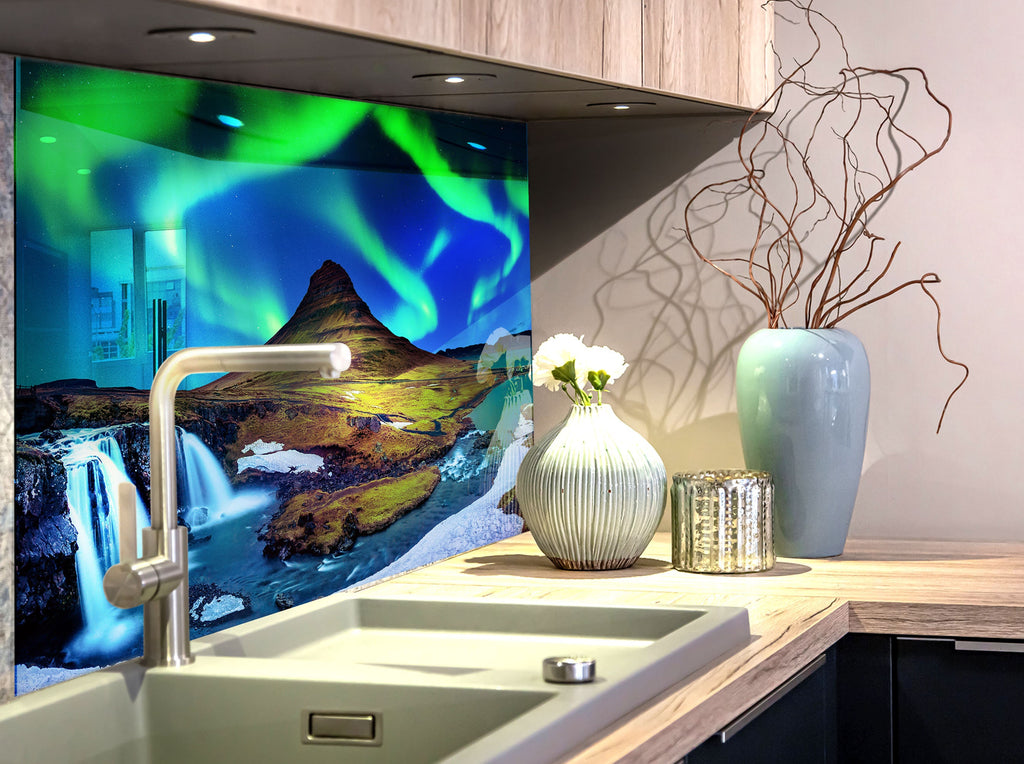 Aurora Borealis Over Iceland – Glass Kitchen Backsplash-BacksplashArtworks