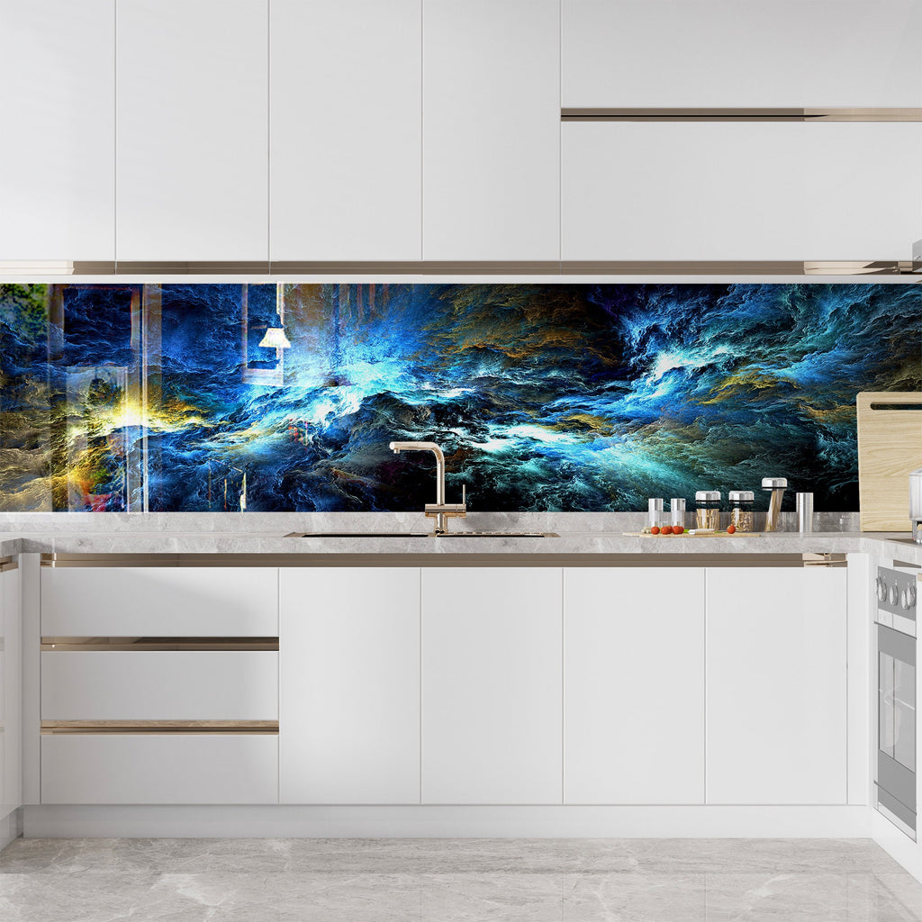 Celestial Ocean Mystical Blue - Glass Kitchen Backsplash-BacksplashArtworks