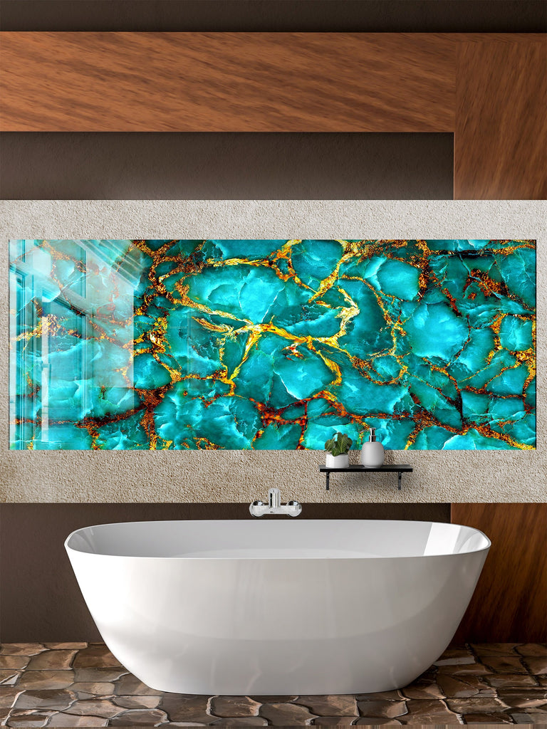 Turquoise & Gold Geode Design - Glass Bathroom Backsplash-BacksplashArtworks