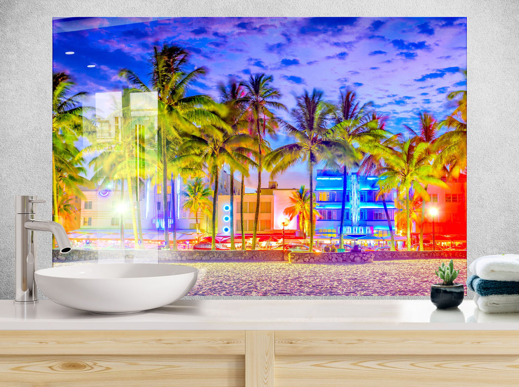 Miami Beach Neon Nights Wall Art – Glass Backsplash-BacksplashArtworks