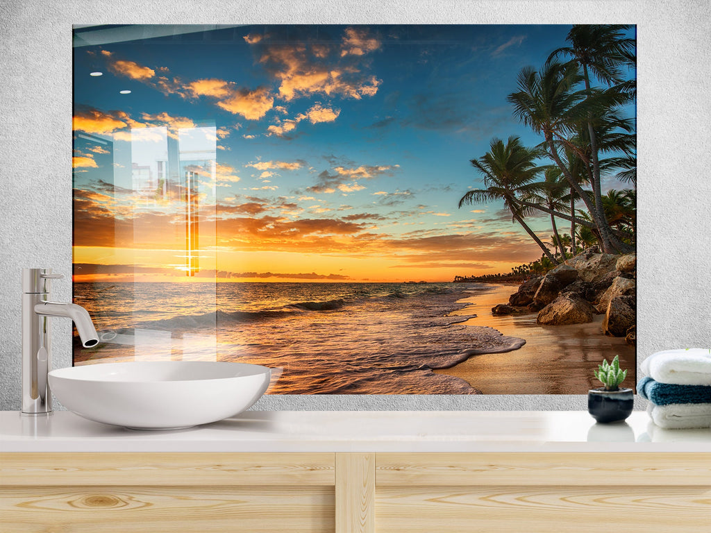 Golden Sunset Beach Glass Backsplash – Tranquil Ocean View-BacksplashArtworks