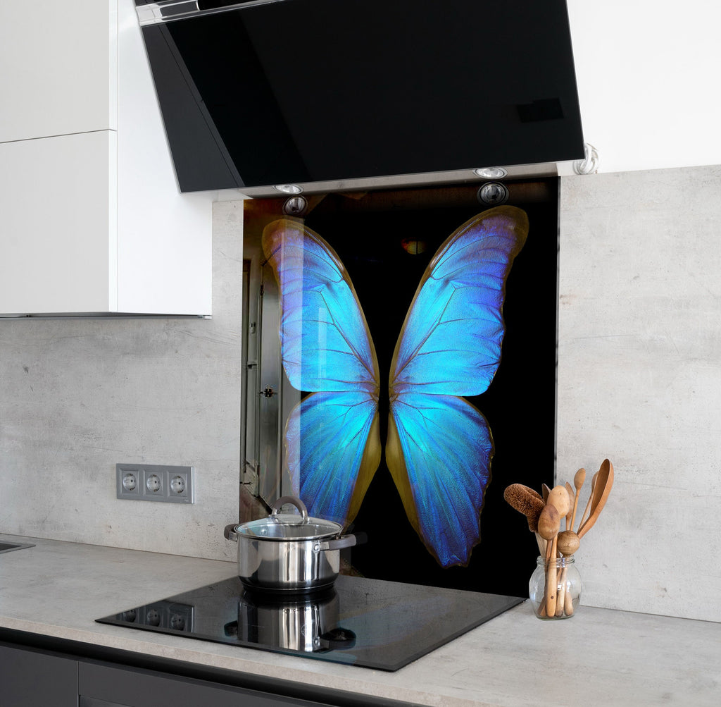 Blue Butterfly Wings – Glass Kitchen Backsplash-BacksplashArtworks