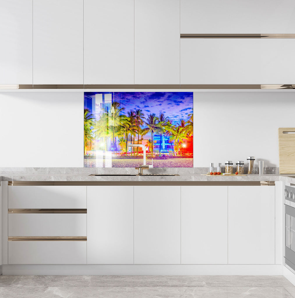 Miami Beach Neon Nights Wall Art – Glass Backsplash-BacksplashArtworks