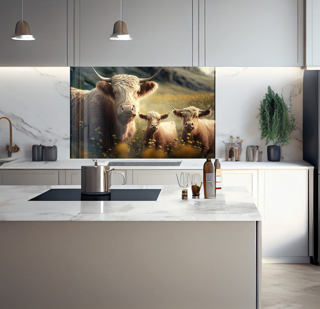 a kitchen with a painting of cows on the wall