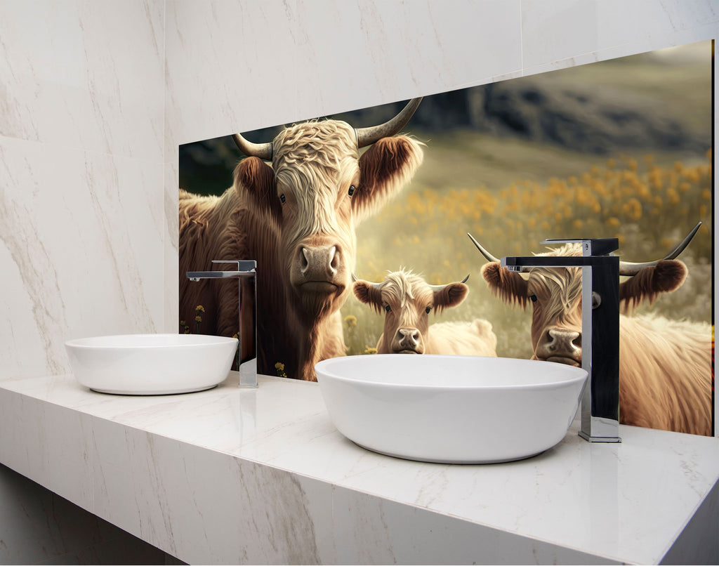 a bathroom with two sinks and a painting of cows on the wall