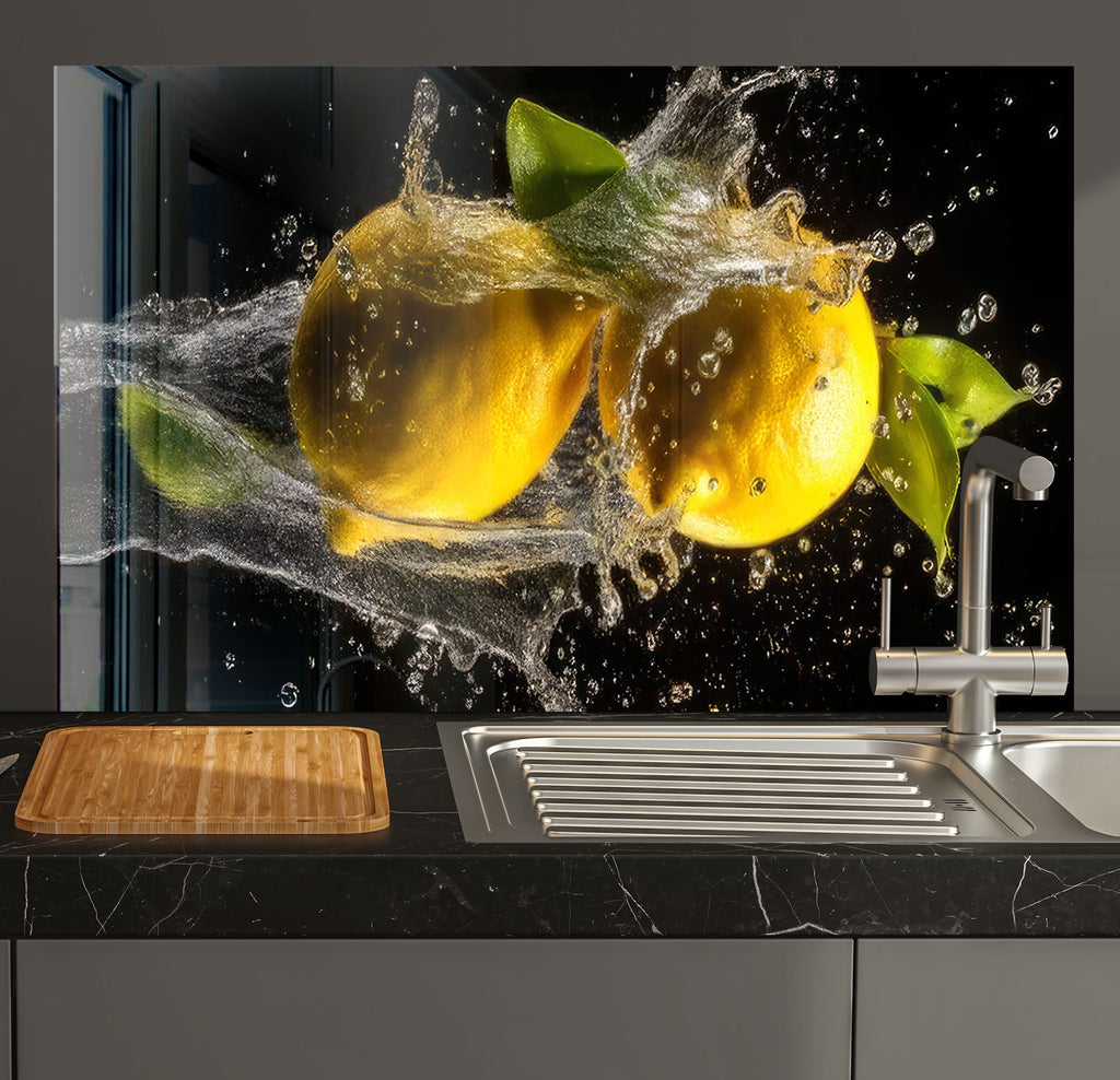 two lemons are splashing into a kitchen sink