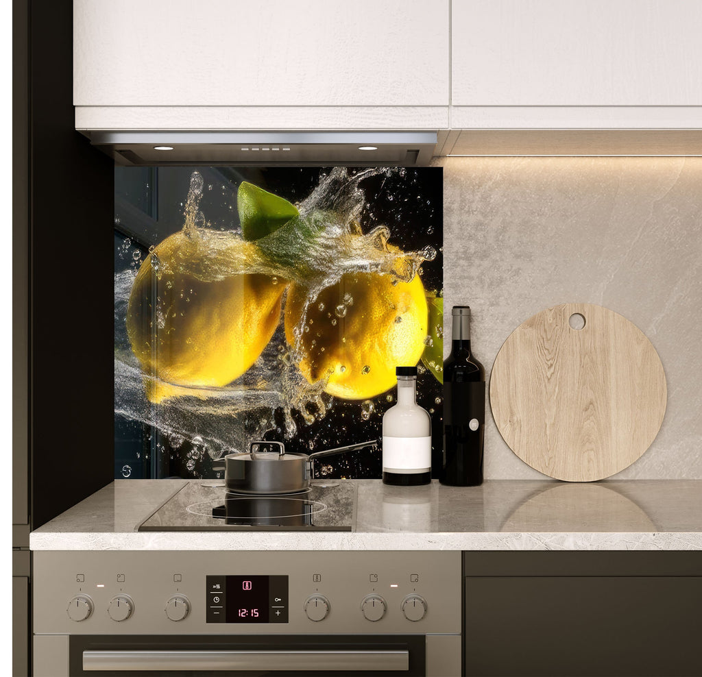 a kitchen counter with a cutting board and a bottle of wine