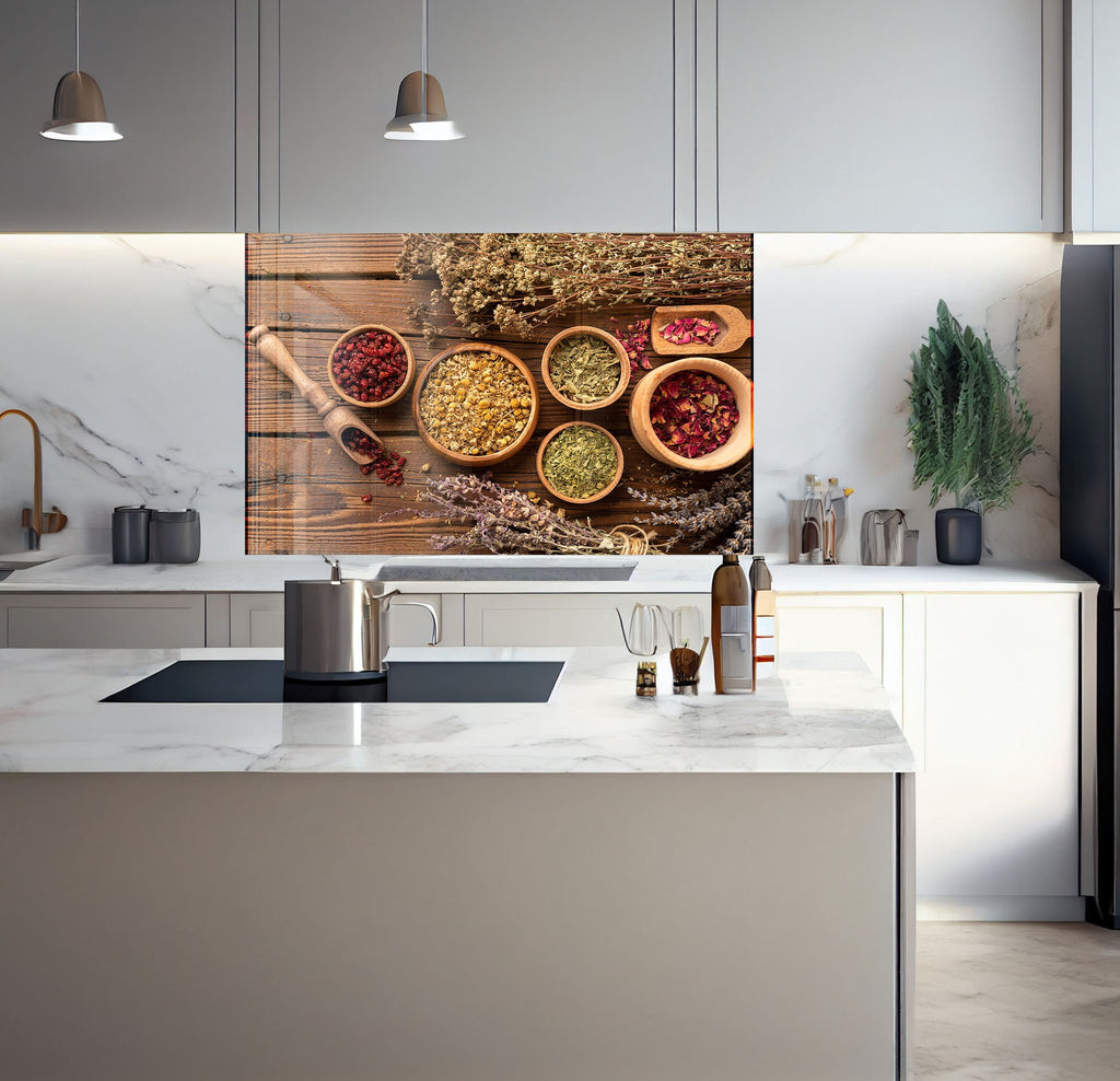 a kitchen scene with focus on the spices on the counter