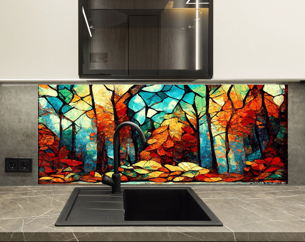 Autumn Forest Stained - Tempered Glass Kitchen Backsplash-BacksplashArtworks