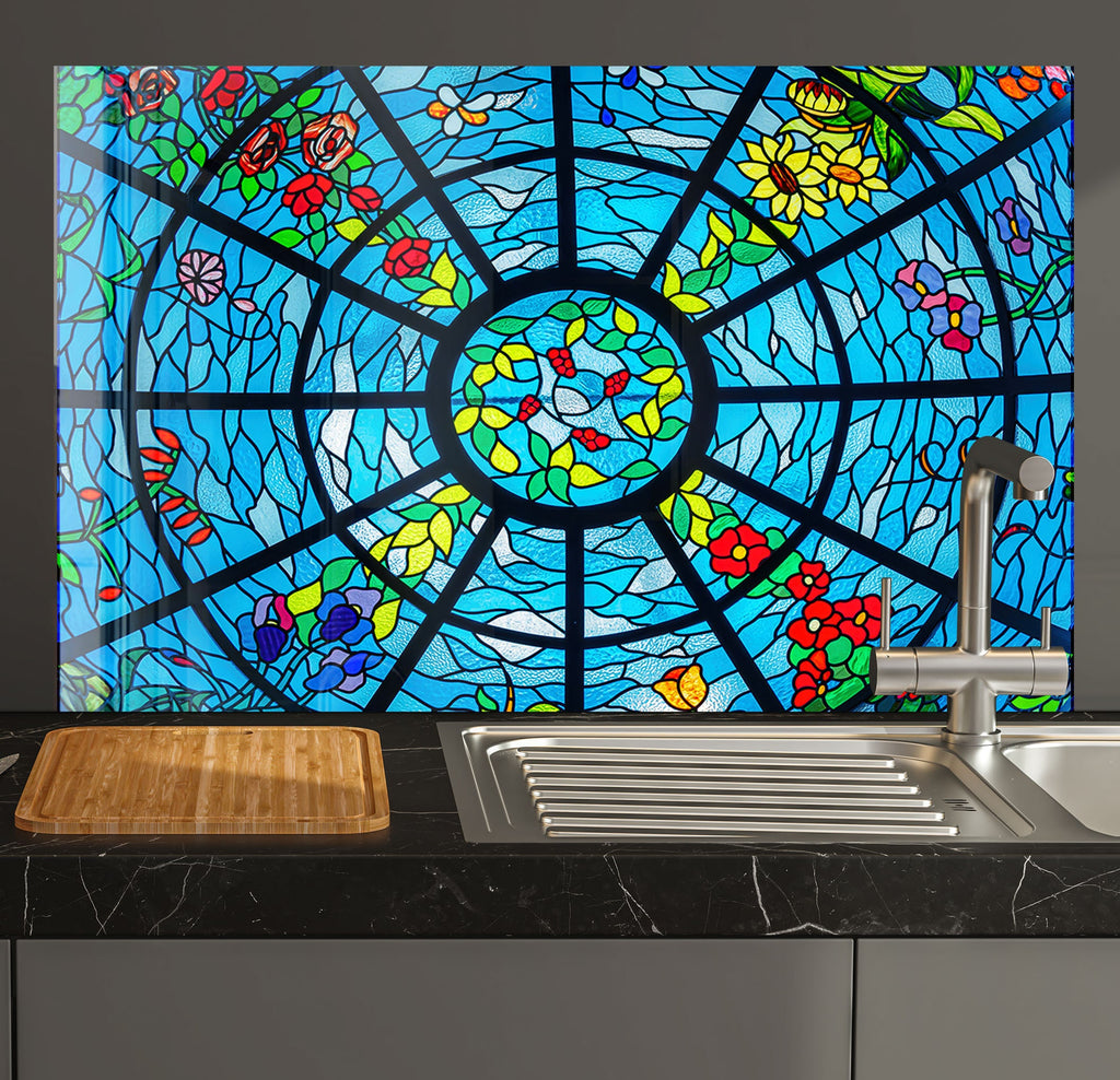 a kitchen sink under a stained glass window