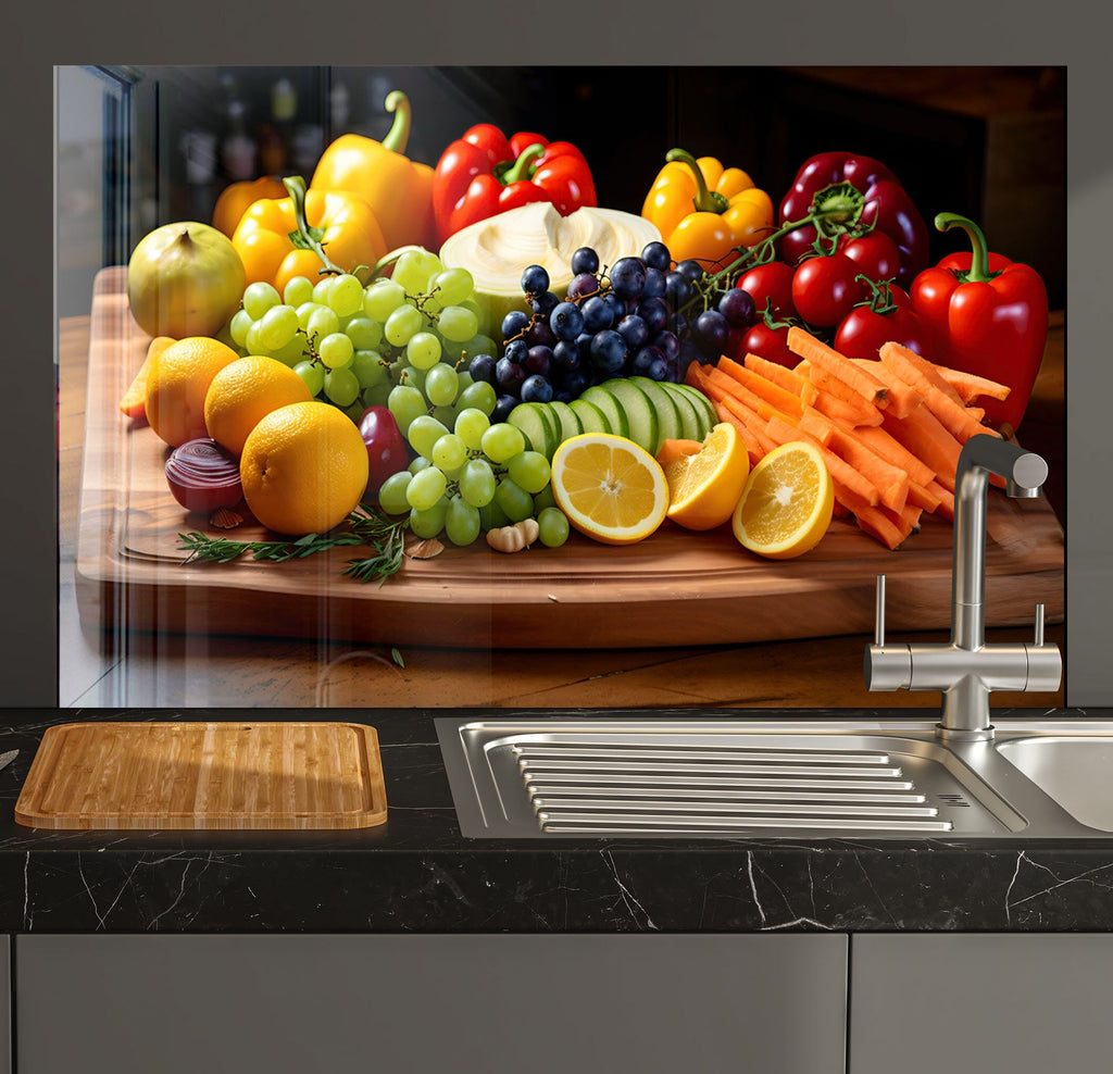 Fresh Harvest Cutting Board Glass Kitchen Backsplash – Vibrant & Healthy-BacksplashArtworks