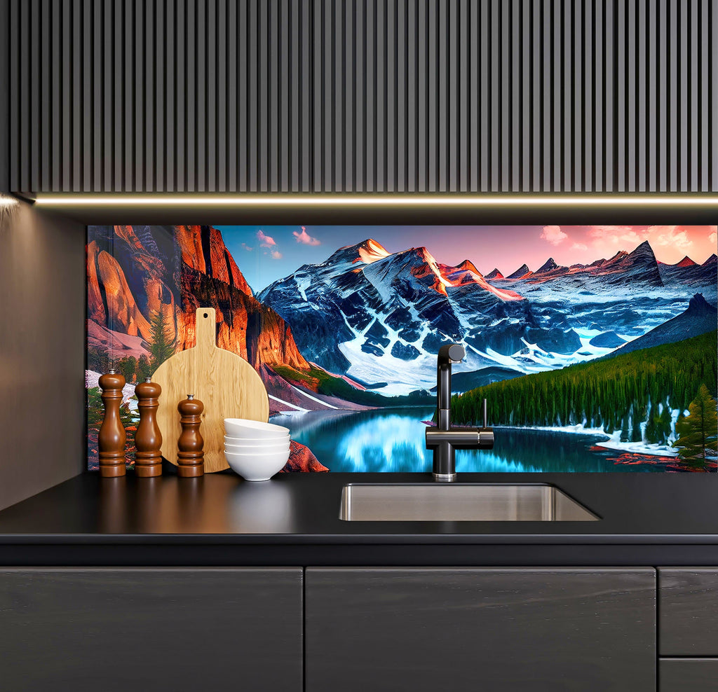 a kitchen with a painting on the wall