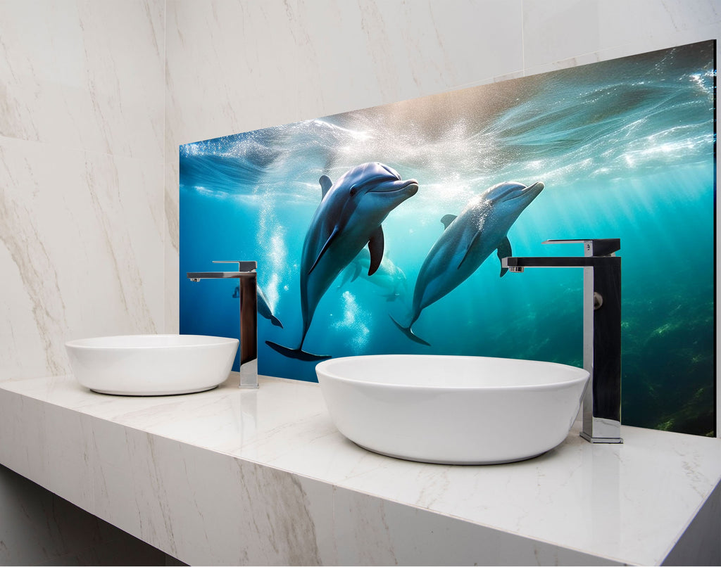 a bathroom with two sinks and a picture of dolphins on the wall
