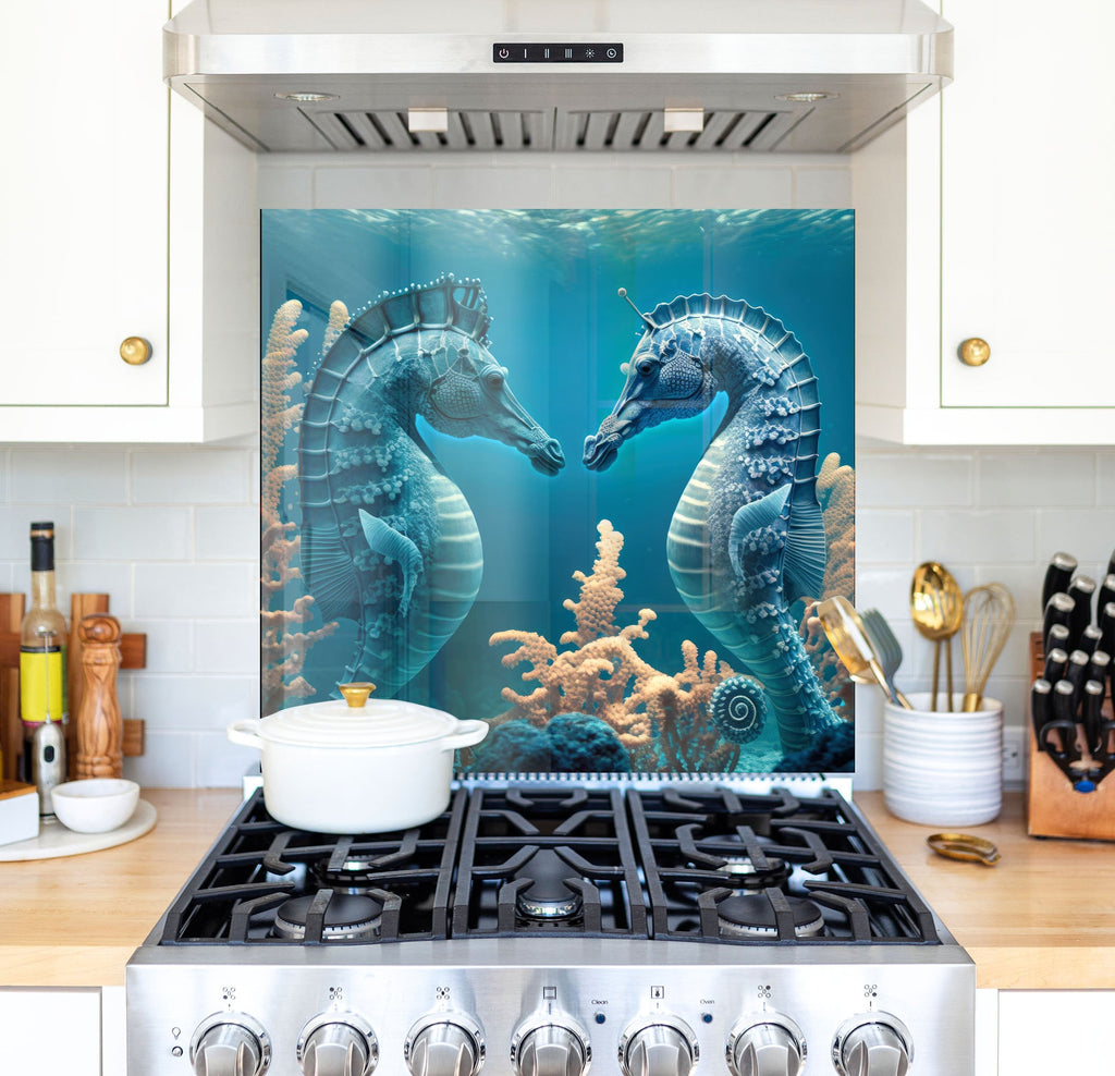 a couple of sea horses standing on top of a stove top oven