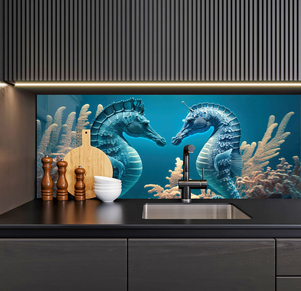 two seahorses are facing each other in a kitchen