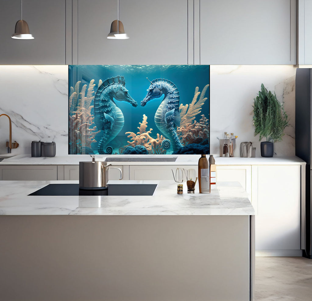 a kitchen with a large painting of two seahorses on the wall